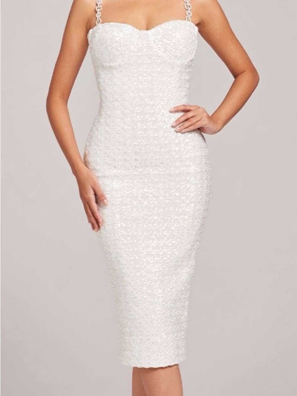 NADINE MERABI White Sequin Bodycon Dress rhinestone crystals